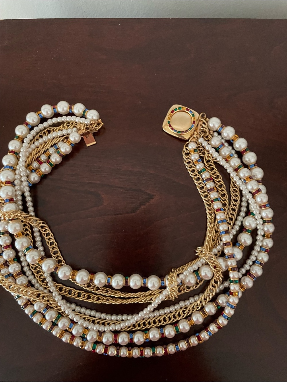 8 Strand Pearl & Gold Chain Necklace with Multi Color Rondelles